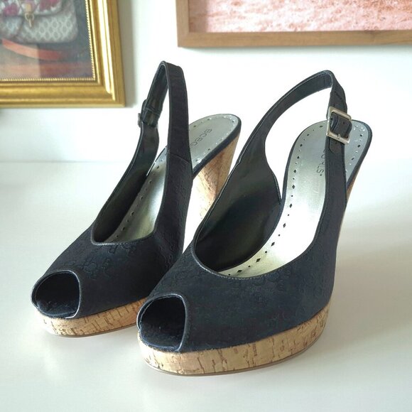 NWOT BCBGirls black logo textile & cork heeled platform sandal, US 10 - Picture 8 of 13